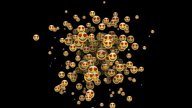 Romantic emojis spreading out from middle on black screen