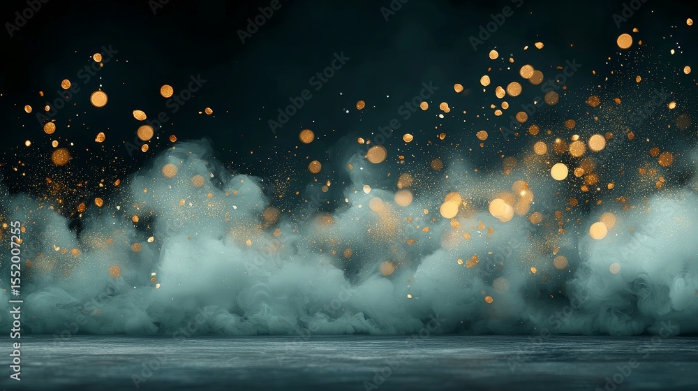 Poster dynamic golden particles dancing in misty atmosphere studio setting abstract visuals cinematic persp