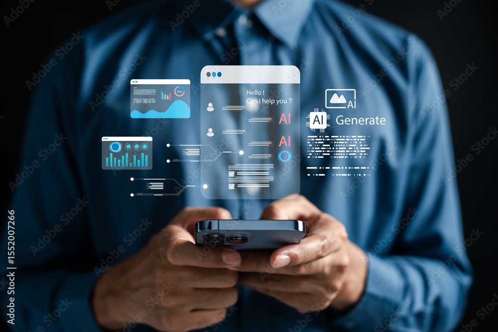 Poster AI technology in everyday life and business operations. AI assistant, data dashboard, smart chat, and content generation tools for users