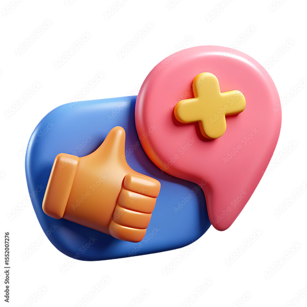 Poster thumbs up and plus symbol 3d render isolated on transparent background
