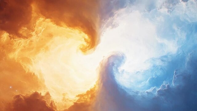 Heavenly Convergence: A celestial dance of fire and ice unfolds, where fiery hues of orange meld with glacial shades of blue, symbolizing the dynamic interplay of opposing forces.