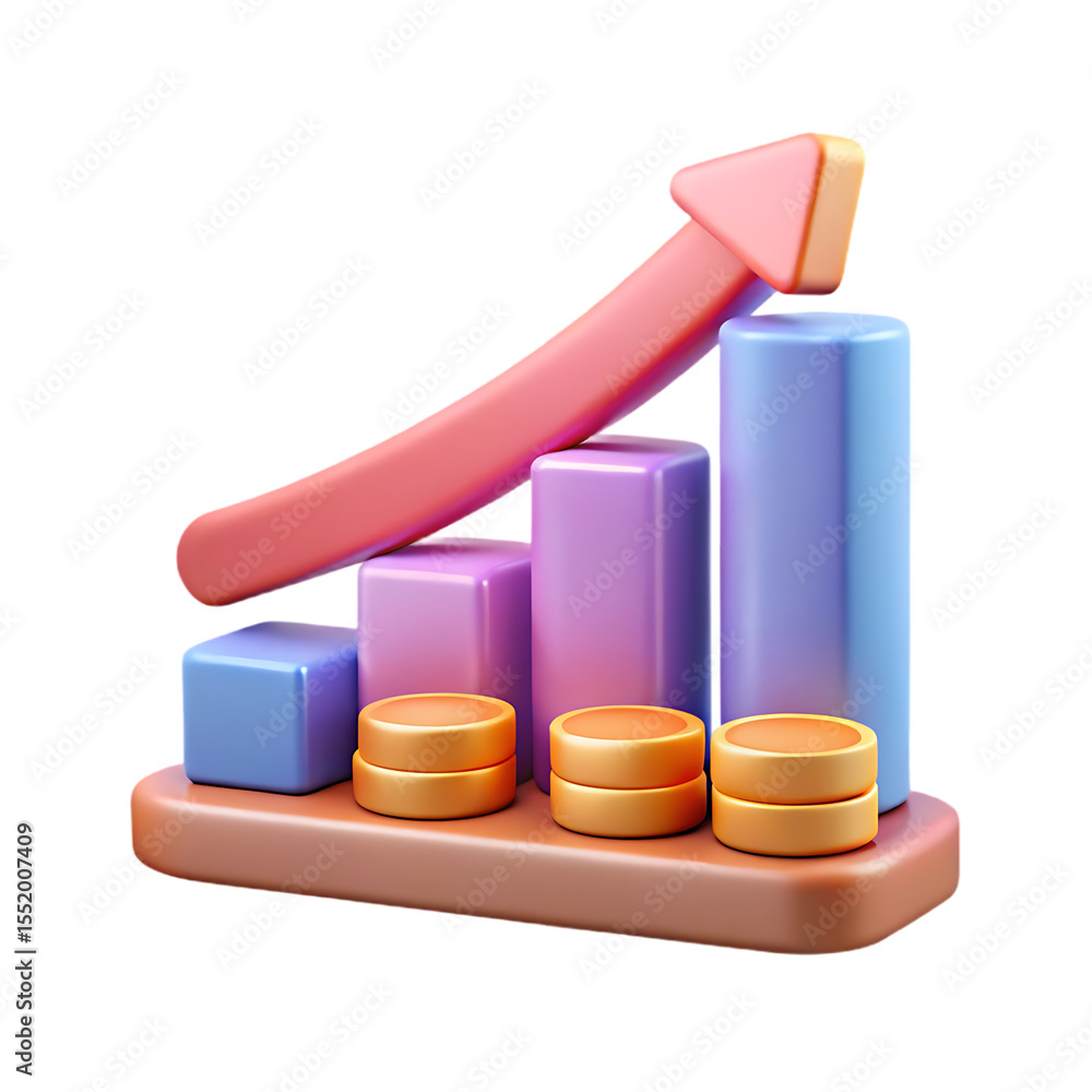 Poster growing bar chart with arrow and coins 3d render isolated on transparent background