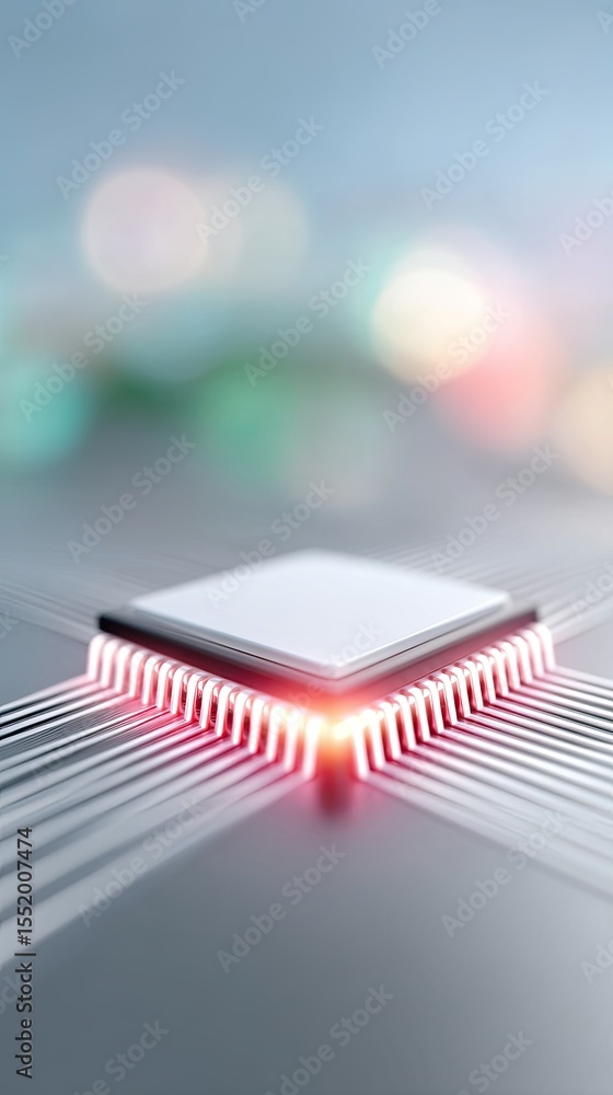 Poster glowing red ai microchip on circuit board