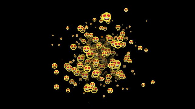 Smiling love faces flying sideways from center in dark space