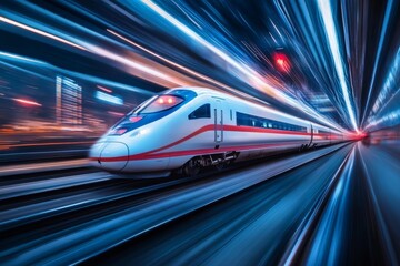 High speed train zooming through a mesmerizing display of glowing particles at night