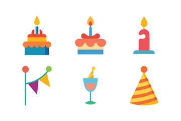 Colorful Birthday Party Icons Set with Cakes Candles Banner and Hat