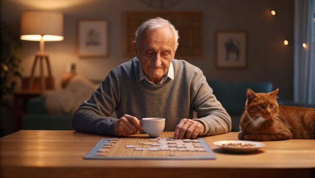 Healthy aging and longevity concept An elderly man enjoys a quiet evening at home, working on a puzzle with a cat by his side, creating a cozy, serene atmosphere.