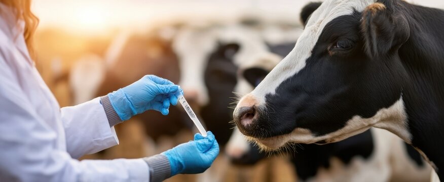 The veterinarian examines a cow with a syringe for health assessment.