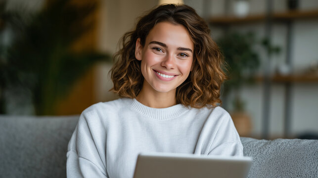 Smiling woman working remotely from home, using laptop and tablet in cozy modern living room remote work, home office, smiling woman, modern interior, casual outfit, digital worksp