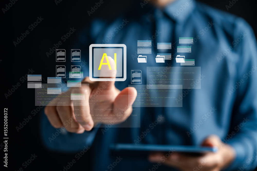 Fototapete AI technology automating document writing, data structure, and digital workflow process. intelligent automation, office productivity, and smart file management systems.