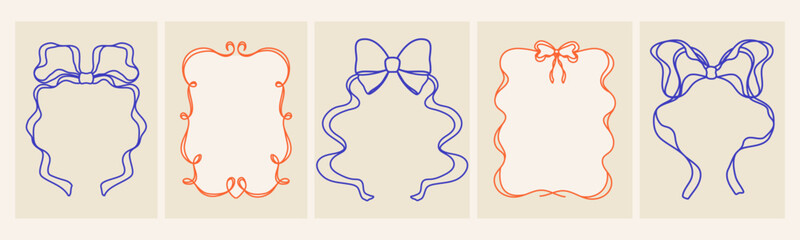 Set of frames and borders in wavy style. Ribbon, bows, bowknot. Elements for greeting cards, Valentine's day, birthday. Coquette. Hand drawn and doodles. Outline, line art. Whimsical collection.