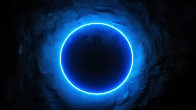 energy circle, gloving abstract round with blue light effects on black background, copy empty space mockup 