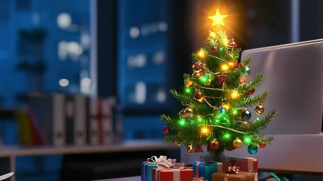 Miniature gloving christmas tree with ornaments and gifts in modern cozy office setting	