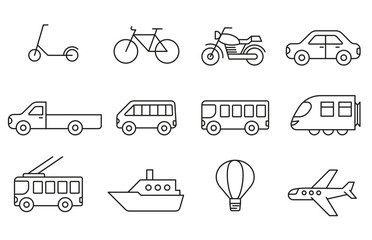 Set of icons of different types of transport. Set of transport icons in linear style.