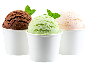Delicious ice cream scoops in paper cups.