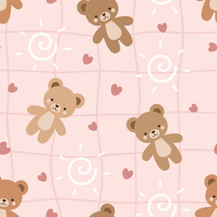Cute teddy bears on a pink pastel background with hearts and hand-drawn grid texture, kawaii seamless pattern.