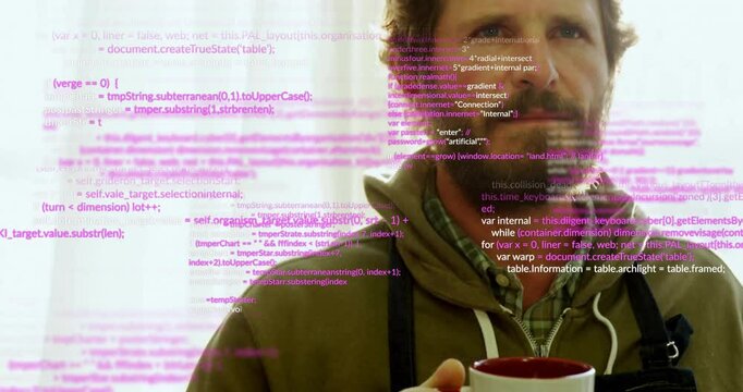 Developer holding patterned mug shifting gaze toward sliding in pink code overlays for tech demo