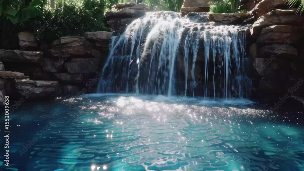Poster tranquil waterfall cascading into a serene pool surrounded by lush greenery in a natural setting