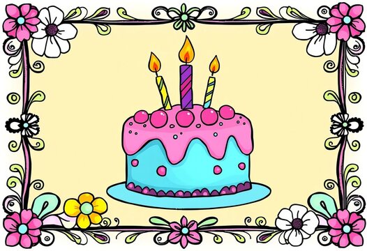 Whimsical doodle-style birthday cake in a decorative frame,  whimsical,  frosting