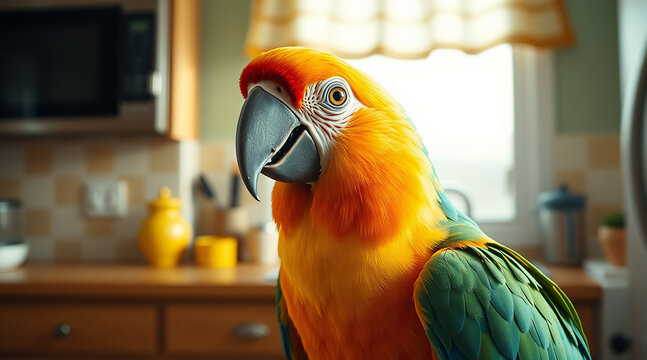 Picture of a cute parrot inside a kitchen