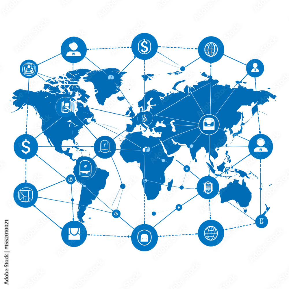 Poster global network depicting worldwide connections in blue with world map and user icons illustrating in