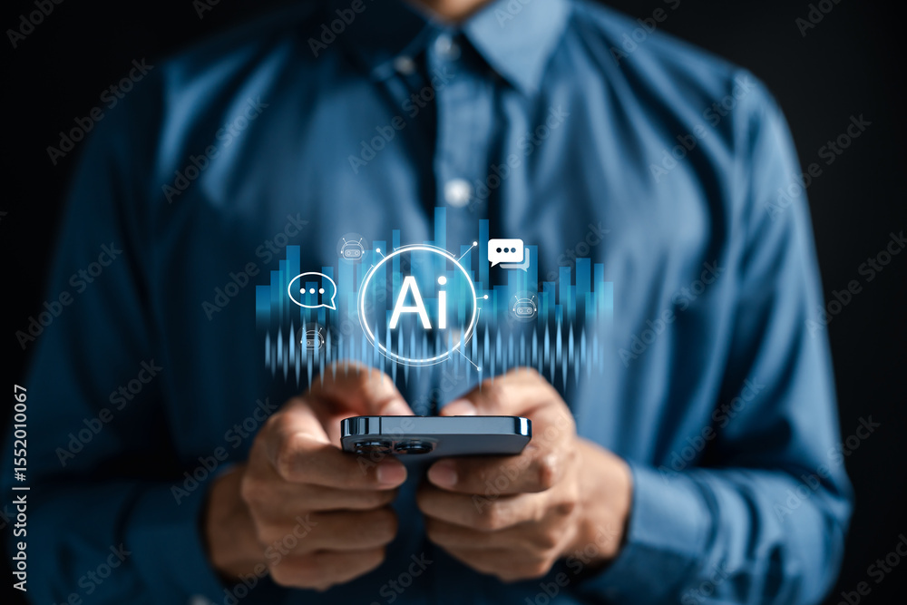 Poster AI voice bot technology on smartphone with soundwave and chatbot. Smart assistant for speech recognition, voice command, automation, and real-time digital communication.