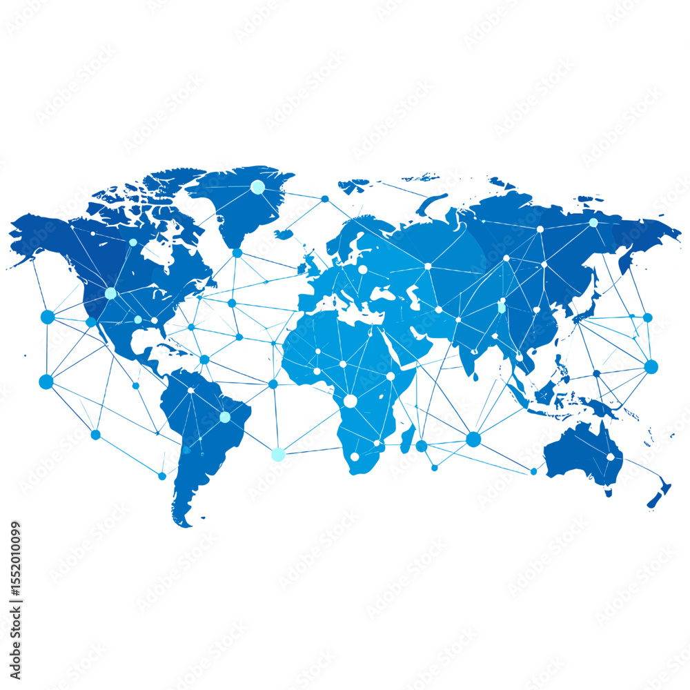 Poster global network world map in blue connecting continents for international communication and digital c