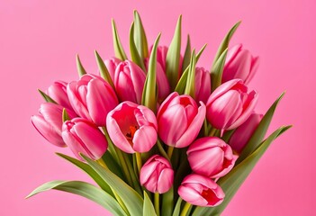 Fototapeta premium A bouquet of pink tulips against a soft pink backdrop, bouquet, nature