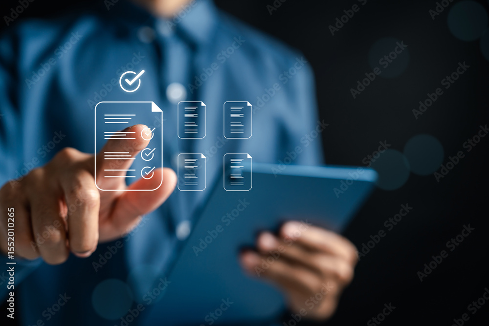 Aufkleber Checklist document with approval mark, document validation, quality control, and completed workflow on digital tablet. Perfect for business, audit, or certification visuals.