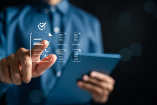 Checklist document with approval mark, document validation, quality control, and completed workflow on digital tablet. Perfect for business, audit, or certification visuals.