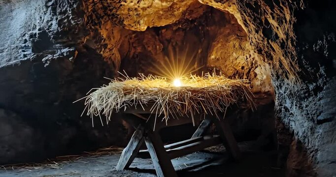 A manger in a cave illuminated by a bright light symbolizing the birth of Jesus Christ.
