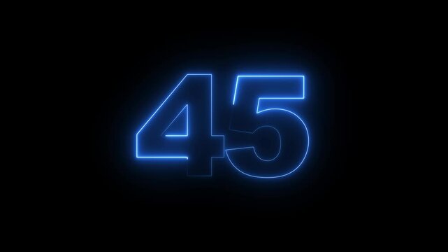 A neon text number 45 animation icon. Glowing neon blue color 45 numbers countdown animation icon on black background. Abstract glowing neon text 45 number countdown icon. 4k video