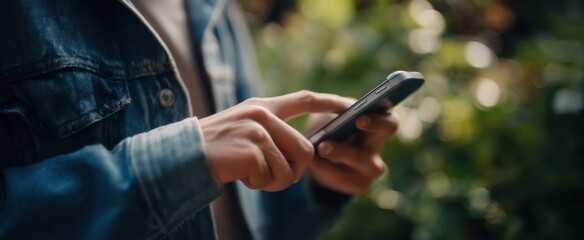 The smartphone in the hands of a person surrounded by greenery