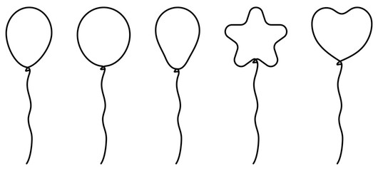 Flying balloons set continuous line drawing. Collection of different linear balloon shapes. Birthday gift concept. Vector illustration isolated on white.
