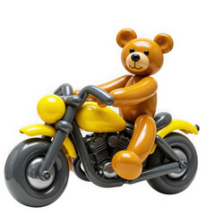 Teddy bear riding a yellow motorcycle isolated on transparent background