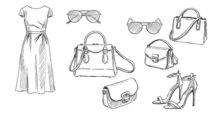 Fashionable woman's clothing and accessories sketched in black and white design