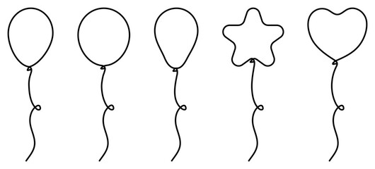 Flying balloons set continuous line drawing. Collection of different linear balloon shapes. Birthday gift concept. Vector illustration isolated on white.