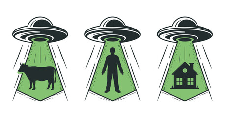 Ufo Abduction Depicting a Cow Person and House Three silhouettes cow person house are being abducted three separate UFOs ufo abduction cow person