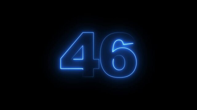 A neon text number 46 animation icon. Glowing neon blue color 46 numbers countdown animation icon on black background. Abstract glowing neon text 46 number countdown icon. 4k video