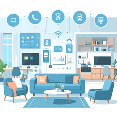 Interior Living Room Scene Featuring Light Blue Furniture and Smart Home Device Symbols Minimalist Home Design with Graphic Elements in White Background