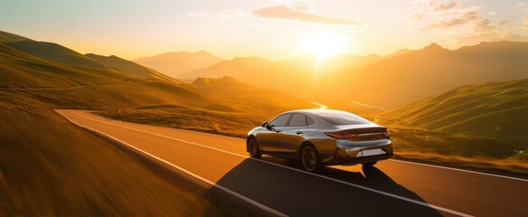 Obraz premium The stunning car cruising along a scenic road at sunset in the mountains.
