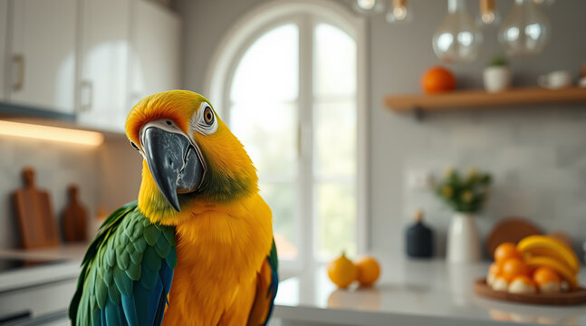 Picture of a cute parrot inside a kitchen