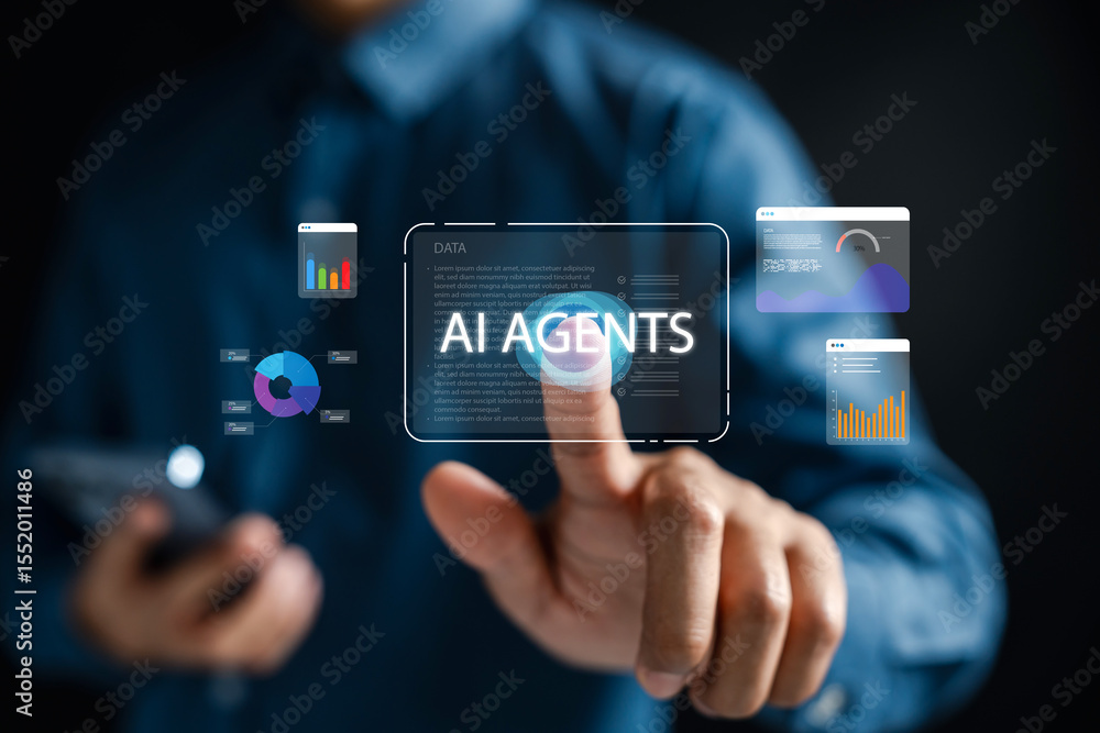 Poster AI agent for advanced data analytics and personal assistance. Smart system for analyzing business graphs, financial trends, and decision support in a digital environment.
