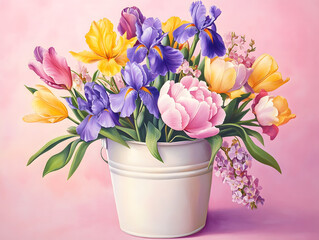 A vibrant bouquet of colorful flowers in a white bucket with a pink background