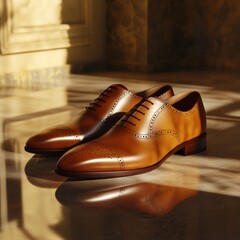 A luxury shoe mockup with a sleek design, placed on a polished floor with soft shadows 