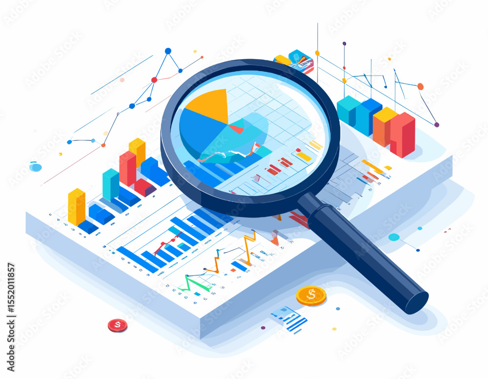 Poster isometric data analysis with magnifying glass over colorful charts and graphs for business insight