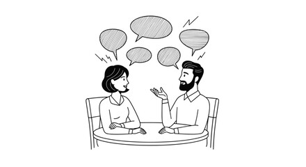 Illustration of a man and woman engaged in conversation with speech bubbles above