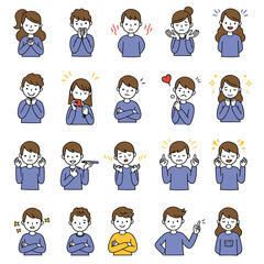 Illustrations of various emotions and expressions of young people character design