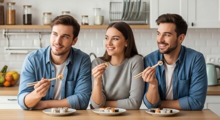 A group of friends share a plate of sushi and enjoy a meal together.