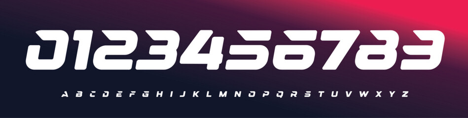 Futuristic Racing Number Font, Strong Bold Slanted Alphabet for e-sport, soccer, sports car branding, race events, esports jersey numbers, or fast-paced digital interfaces. Vector Illustration.